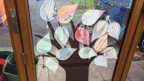 class display of a thankful tree where the leaves describe what the children are thankful for this year