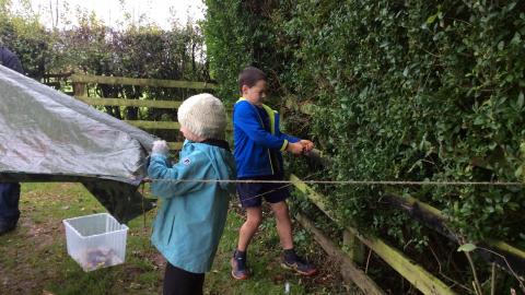 Two pupils working together to make a den