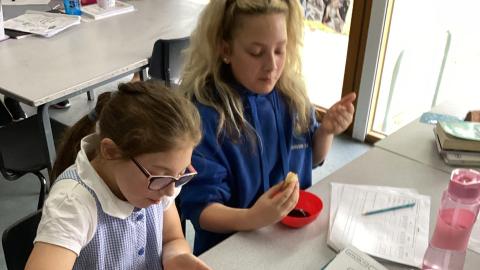 Two pupils eating their spring rolls with dipping sauce