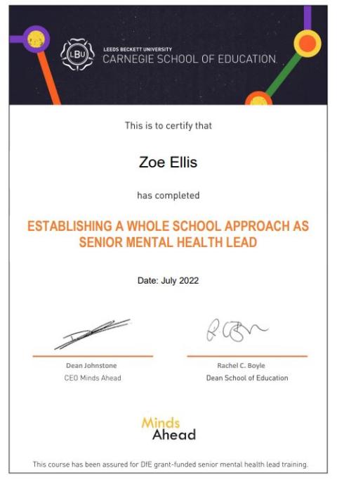 Senior Mental Health Lead Certificate Mrs Ellis